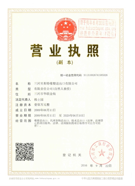 China SANHE 3A RUBBER &amp; PLASTIC CO., LTD. certificaciones